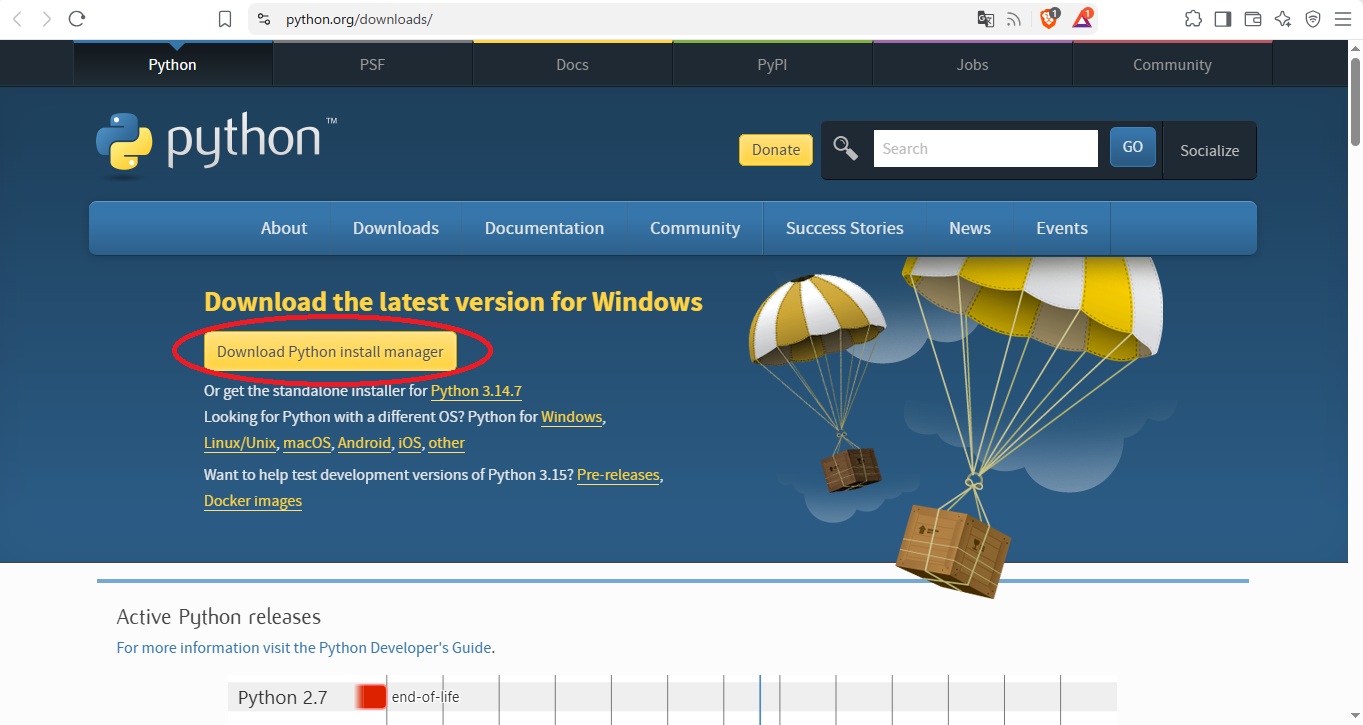 Python公式サイトのWindows向けダウンロードボタン